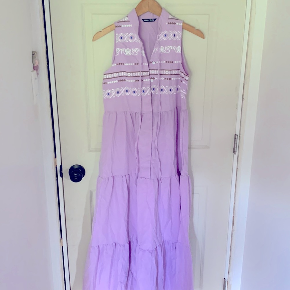 Lilac, purple maxi dress with color and button up top with ties